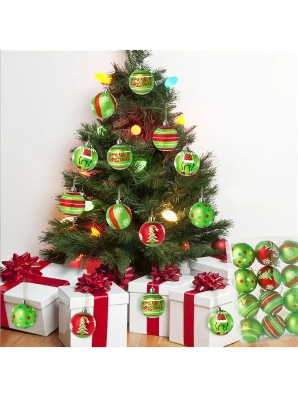Red Green Glitter Christmas Ball Ornaments Set 12 Shatterproof Tree Decorations